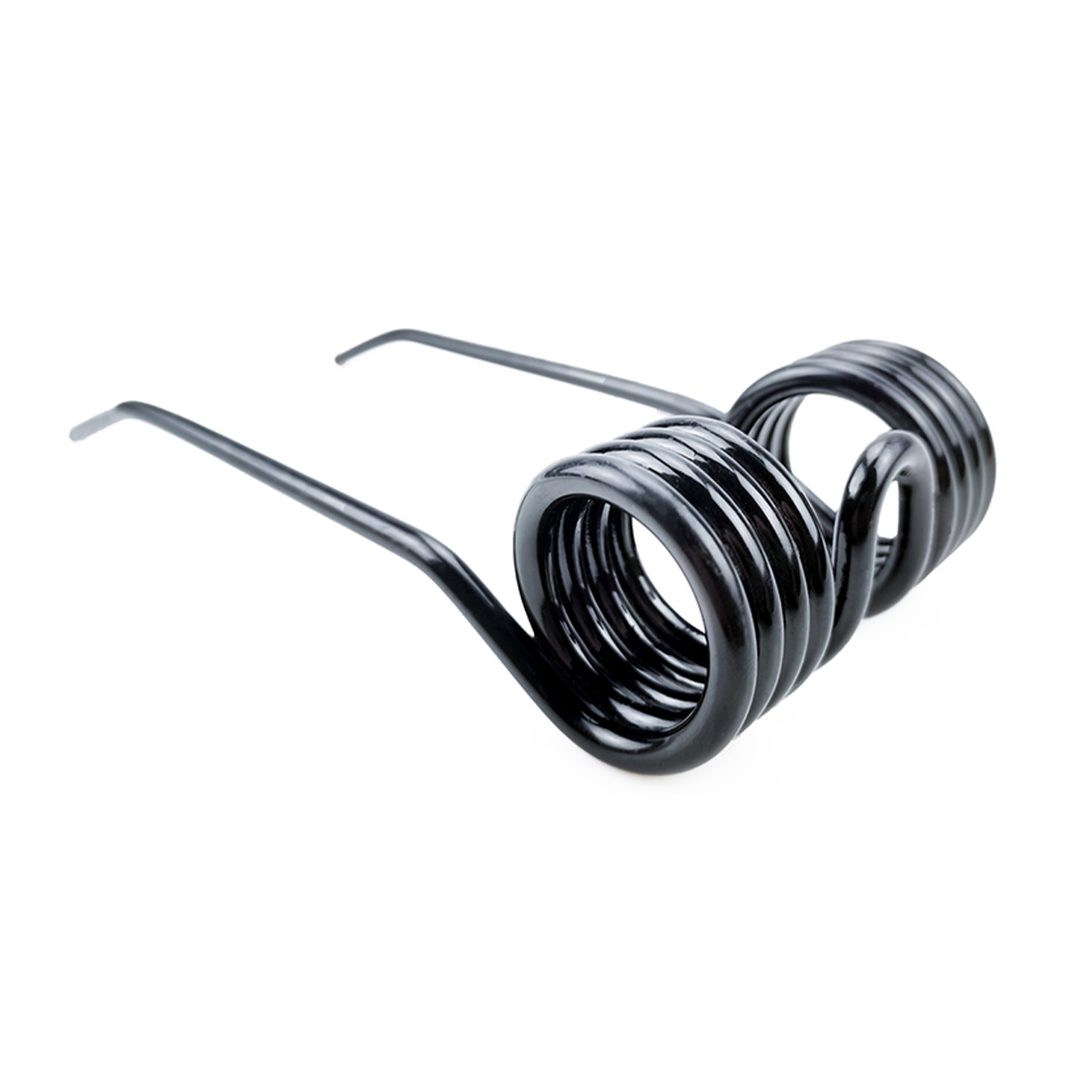 Black double torsion spring with long straight legs, side view