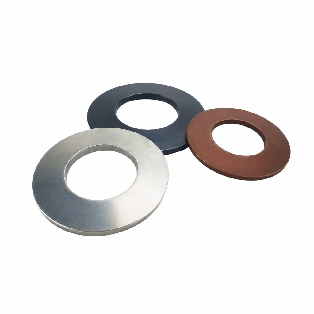 Disc springs in black, bright steel and bronze finishes, in several diameters.