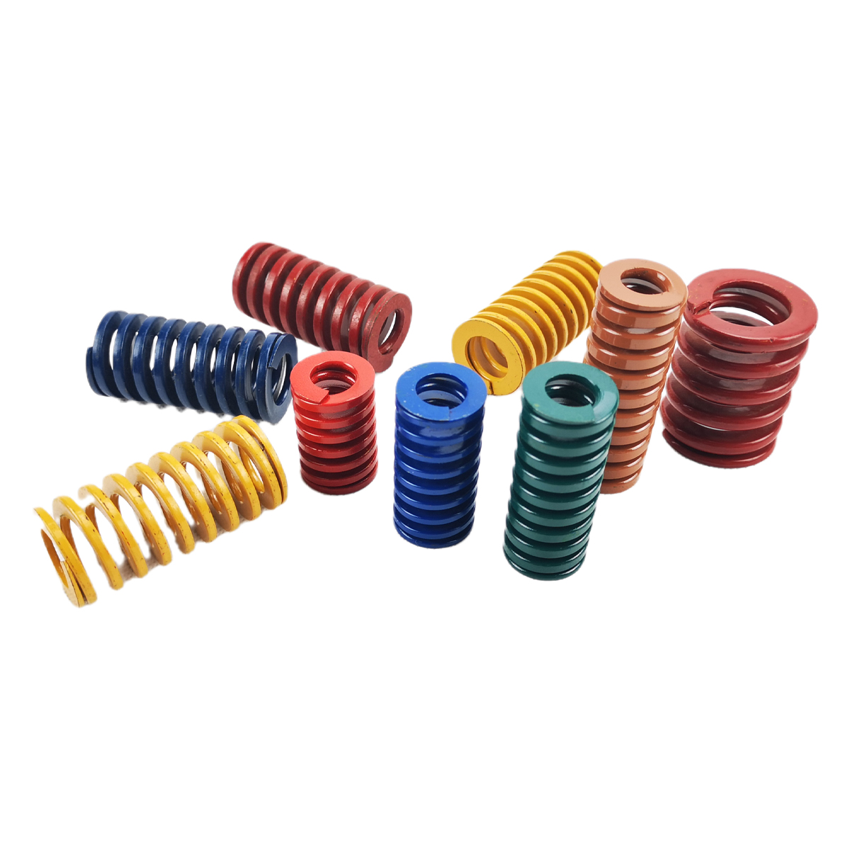 Assorted colour-coded die springs lying on their sides