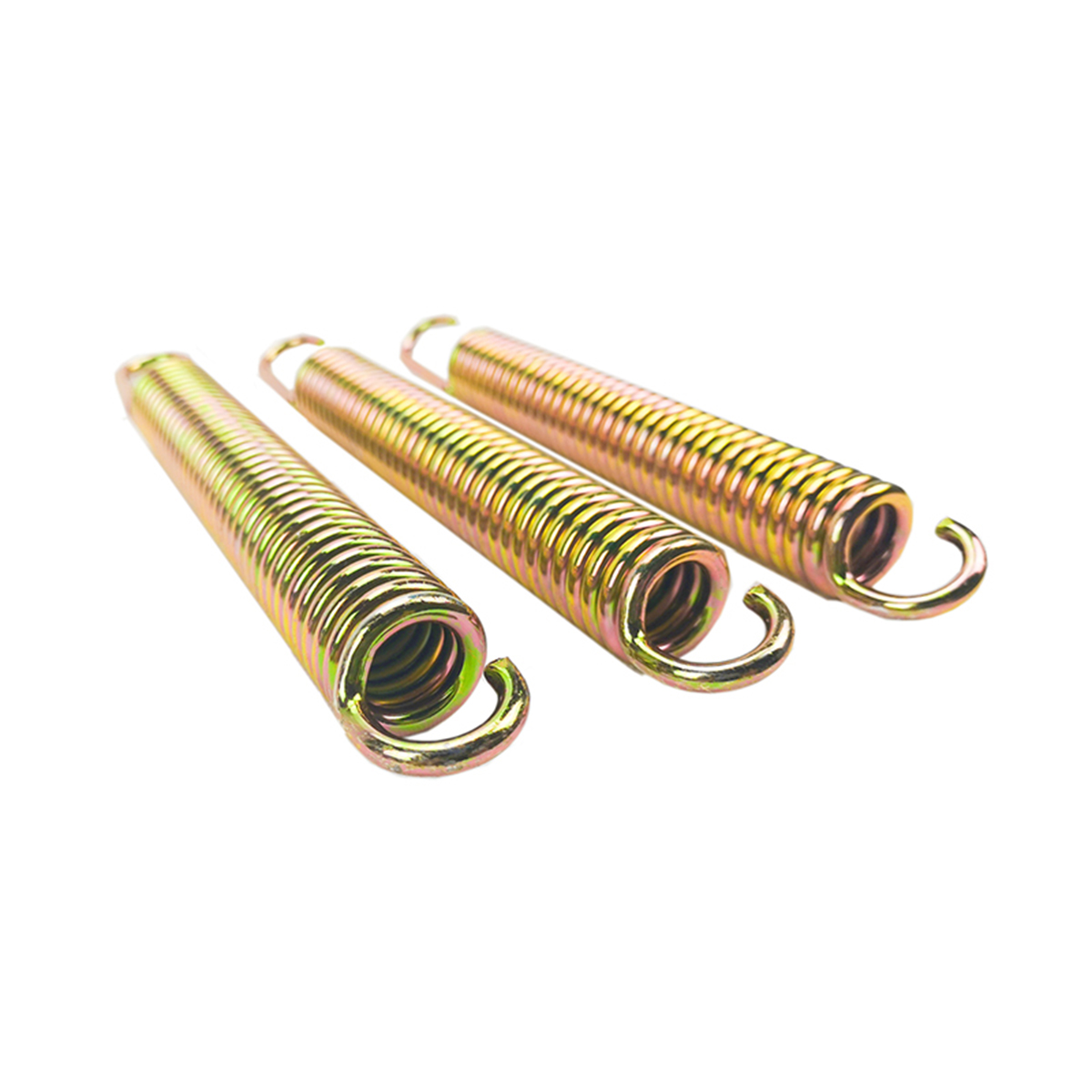 Three yellow zinc-plated extension springs with crossover loop ends