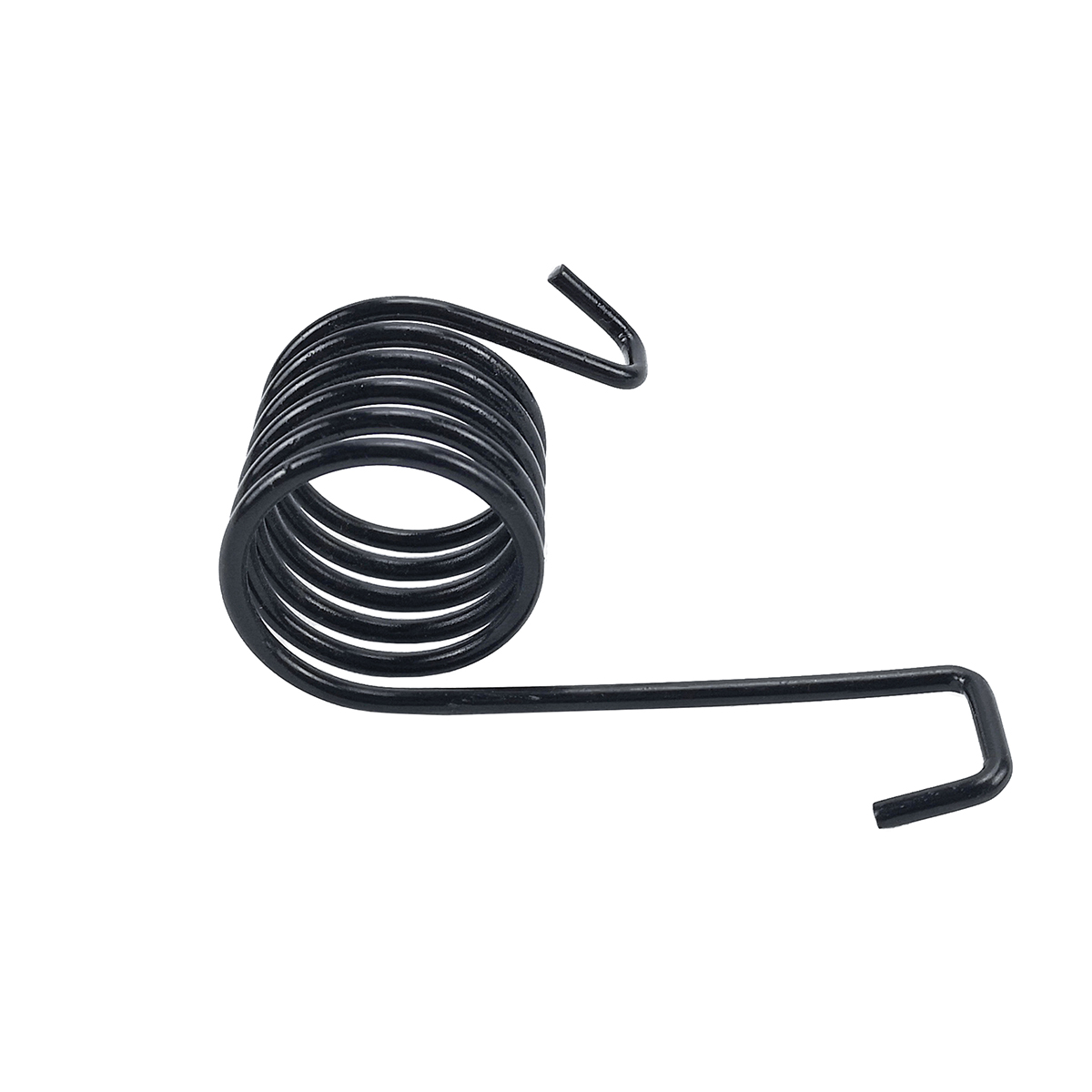Black single torsion spring with one straight leg and one hooked leg