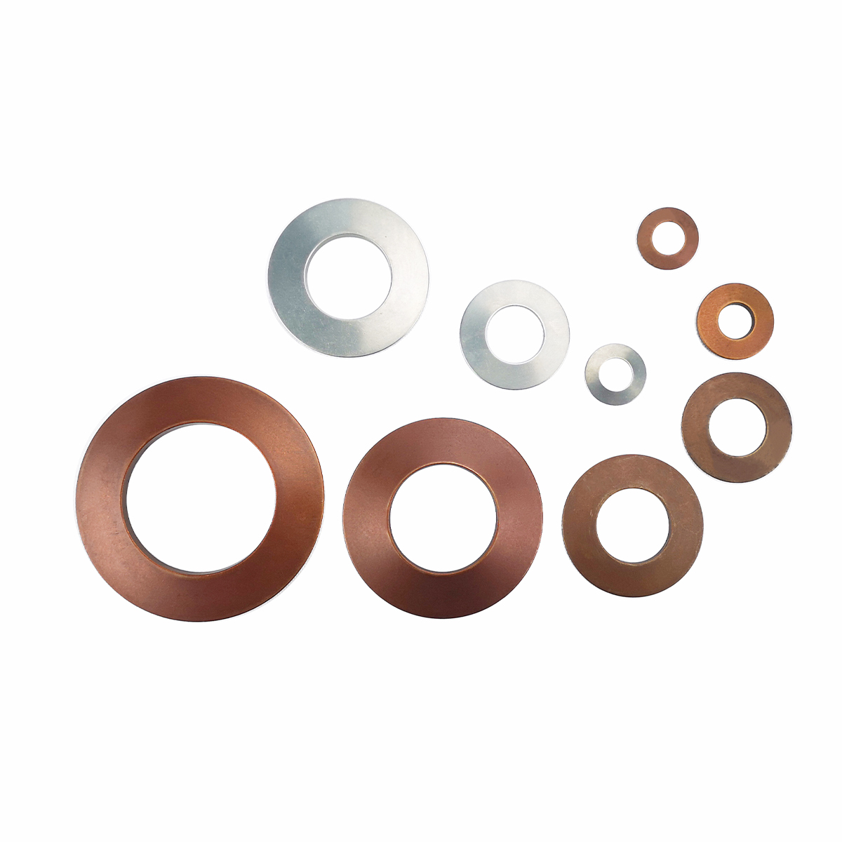 Assorted disc springs in silver and copper-coloured finishes, several sizes