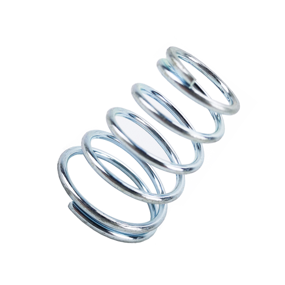 Silver conical spring lying on its side, showing the tapered coils