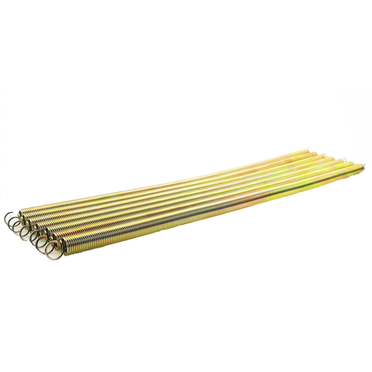 Bundle of long yellow zinc-plated coil length springs, full-length view