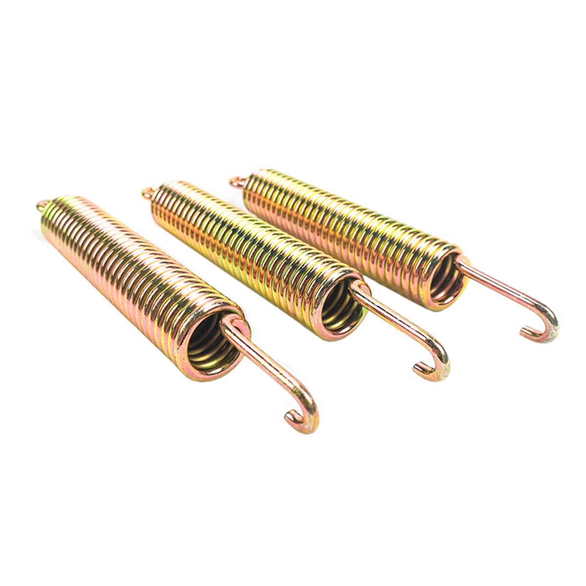 Yellow zinc-plated extension springs with hook ends, angled side view