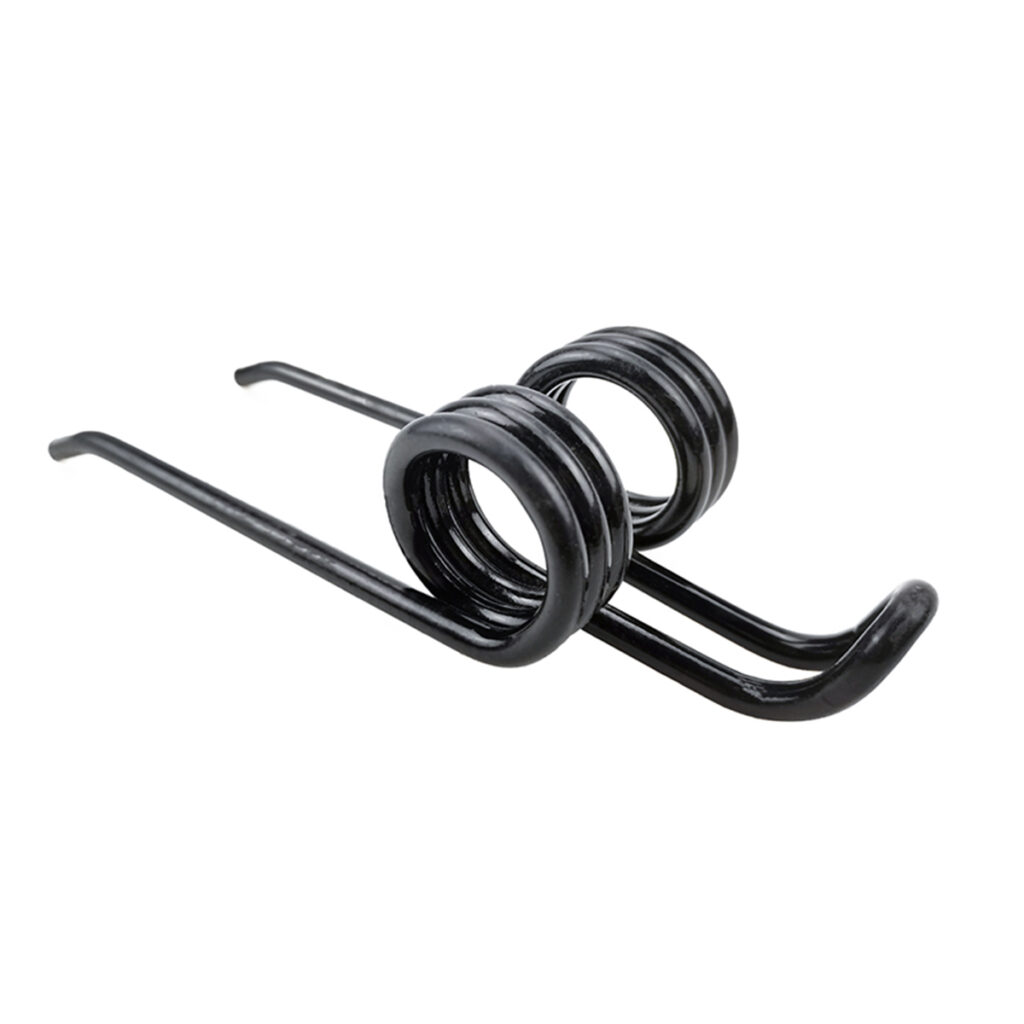 A black double torsion spring tine with two coil bodies and two long tines.