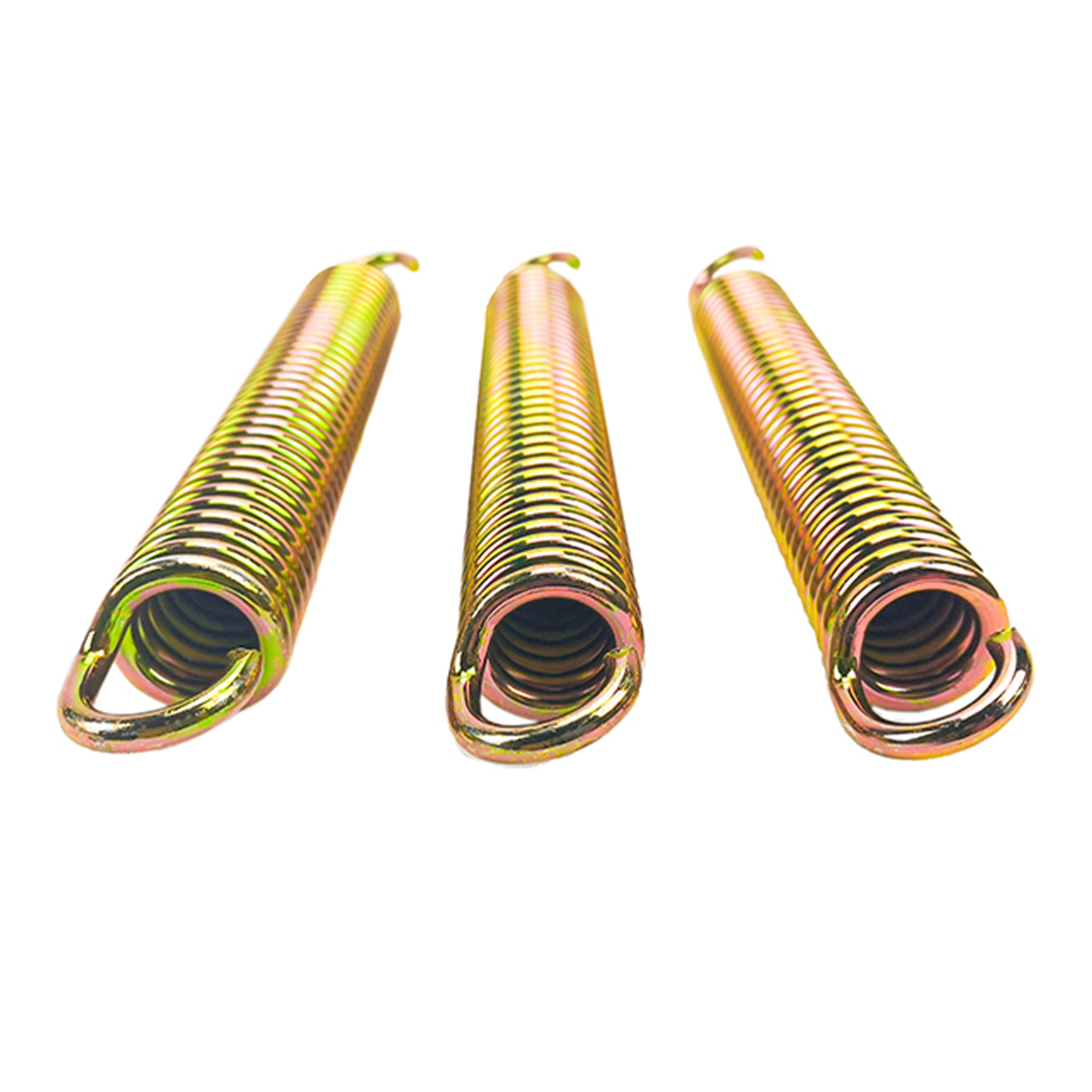 Three yellow zinc-plated extension springs standing upright, end view of the loops