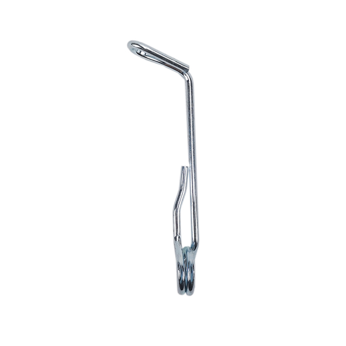 Silver bent wire part with a hooked end, vertical view