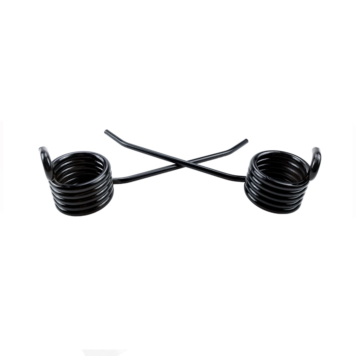 Two black torsion springs with crossed legs, front view