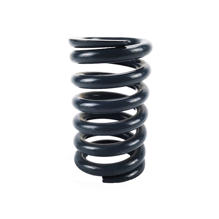 A heavy black-coated compression spring.