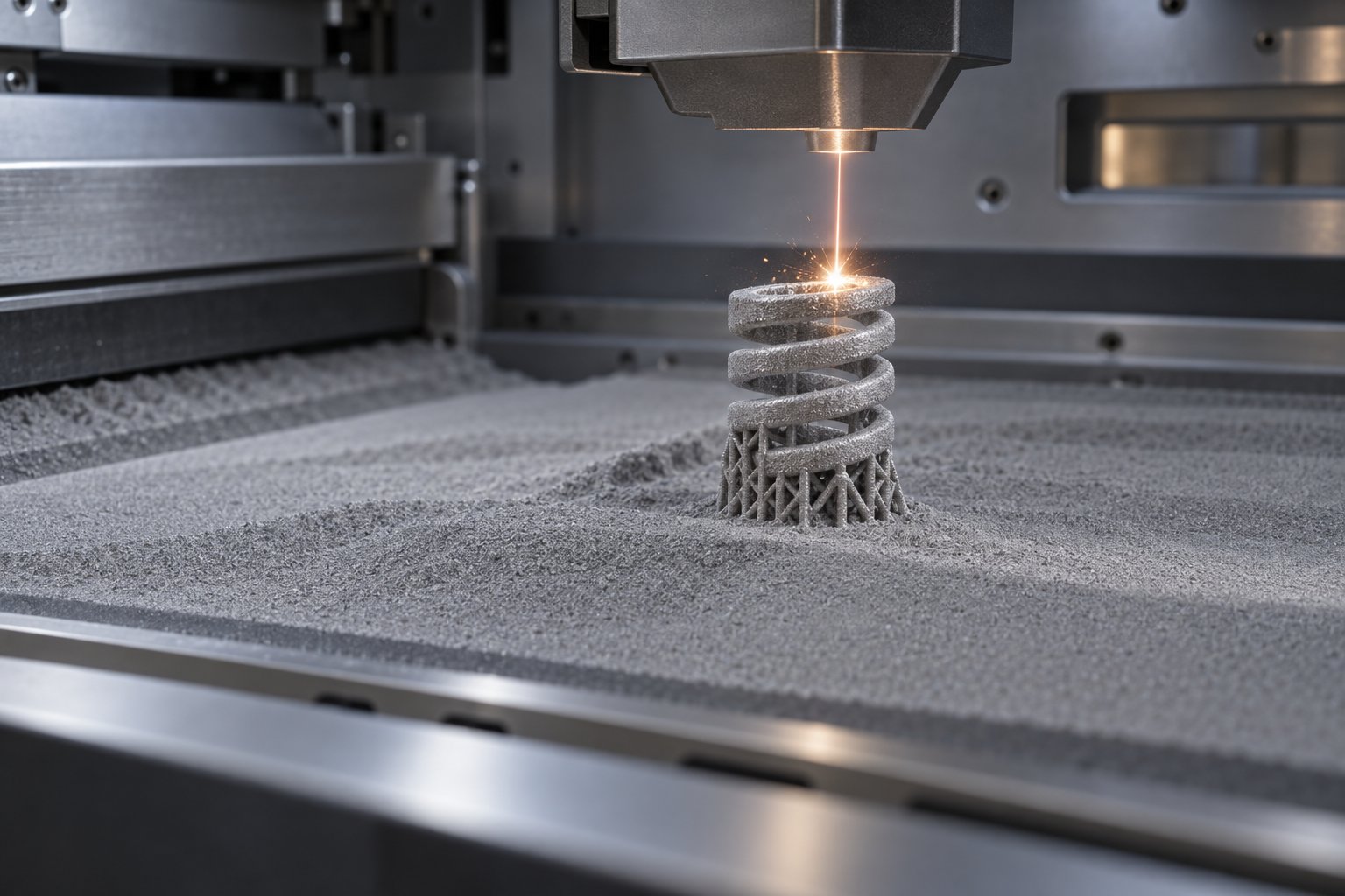 Illustration: a coil spring shape being laser-built layer by layer on a powder bed inside an additive manufacturing machine