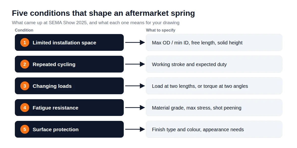 Diagram linking five aftermarket operating conditions to the spring details a buyer should specify for each