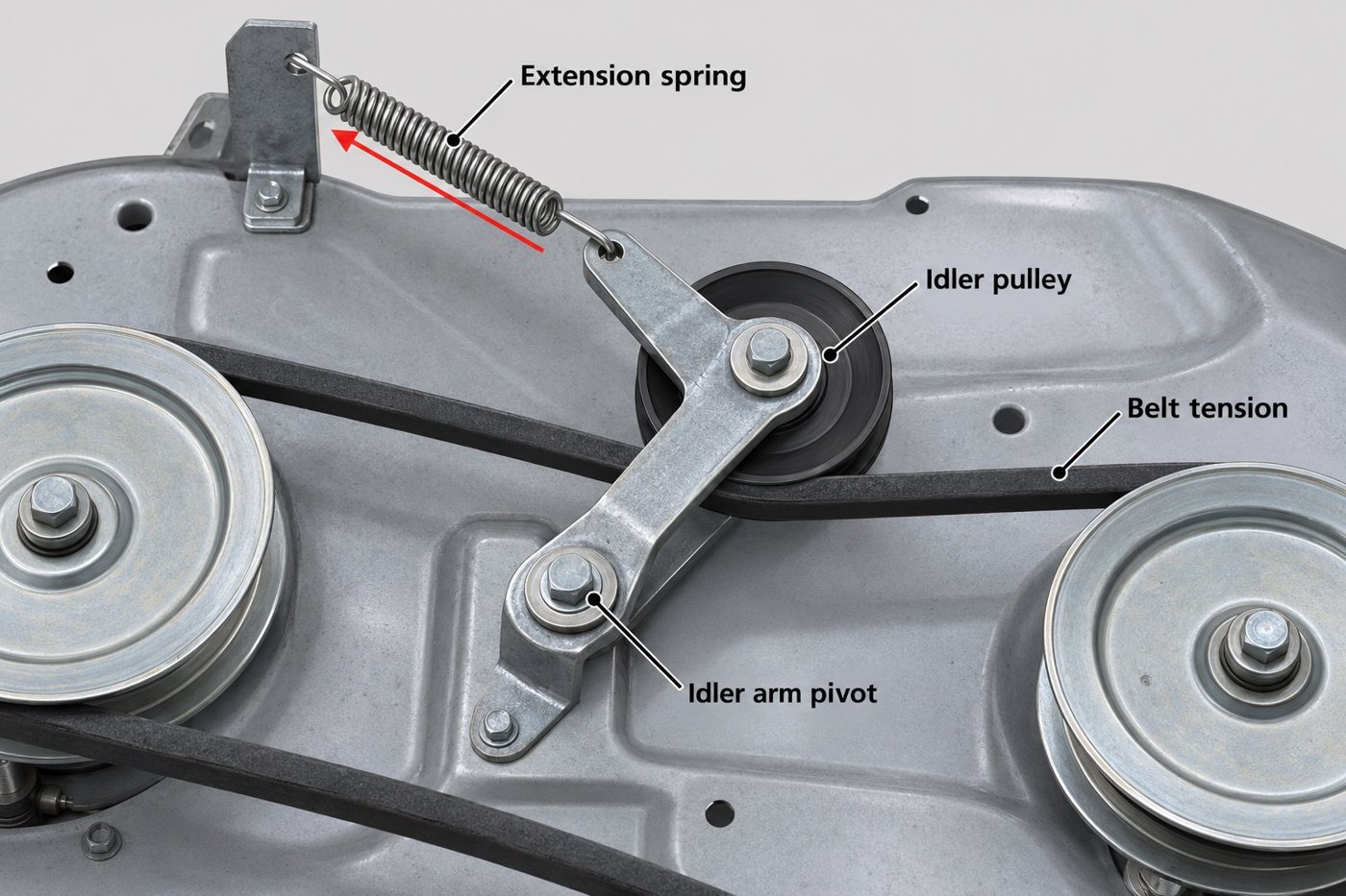 AI-generated illustration of a generic mower deck belt tensioner: an extension spring with machine hooks pulls an idler arm about its pivot so the idler pulley keeps the belt under tension, with labels for the extension spring, idler pulley, idler arm pivot and belt tension