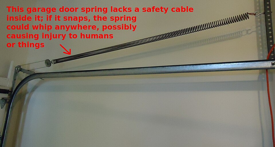 A long garage door extension spring stretched between a bracket and a pulley with no safety cable through it, annotated with a warning that a snapped spring could whip and cause injury