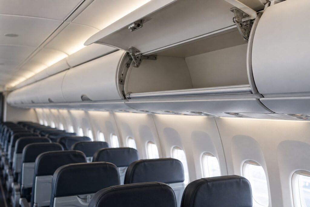 Illustration: an empty aircraft cabin with an overhead storage bin open, showing its hinge and latch hardware.