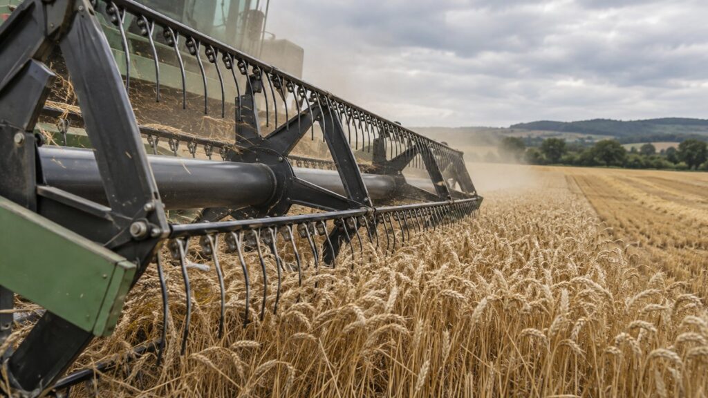 Illustration: a combine harvester header reel with steel pickup tines turning through a ripe wheat field.