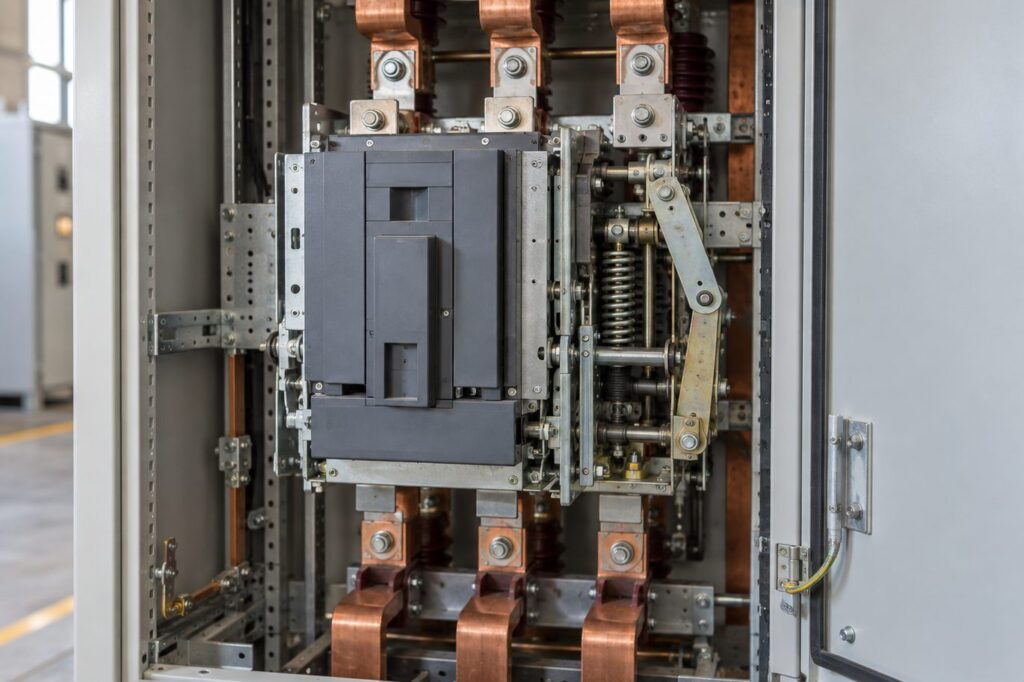 Illustration: an open switchgear cabinet with a circuit breaker mechanism and copper busbars.