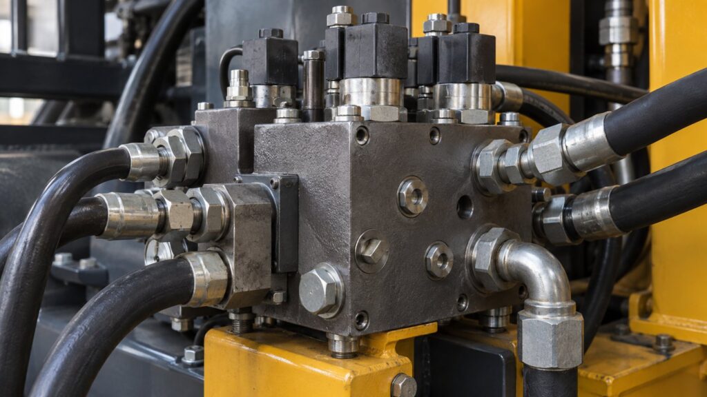 Illustration: a hydraulic valve block with steel fittings and high-pressure hoses on machinery.