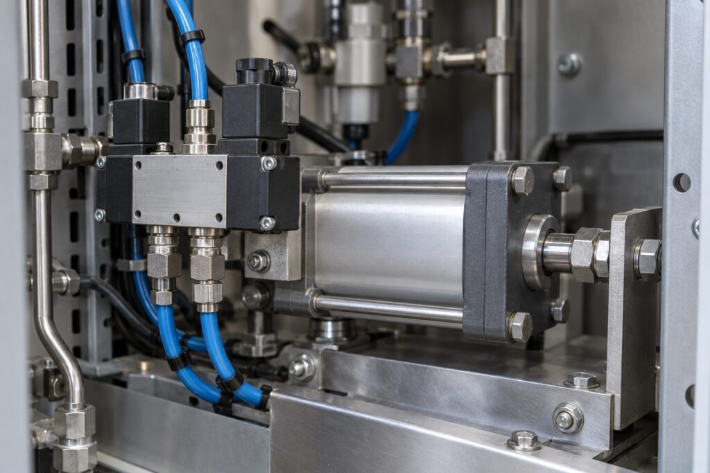 Illustration: a pneumatic valve and cylinder assembly with steel fittings inside a machine cabinet.
