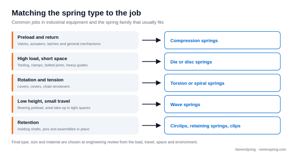 Five rows pairing a job with a spring type: preload and return with compression springs; high load in a short space with die or disc springs; rotation and tension with torsion or spiral springs; low height and small travel with wave springs; retention with circlips, retaining springs and clips.