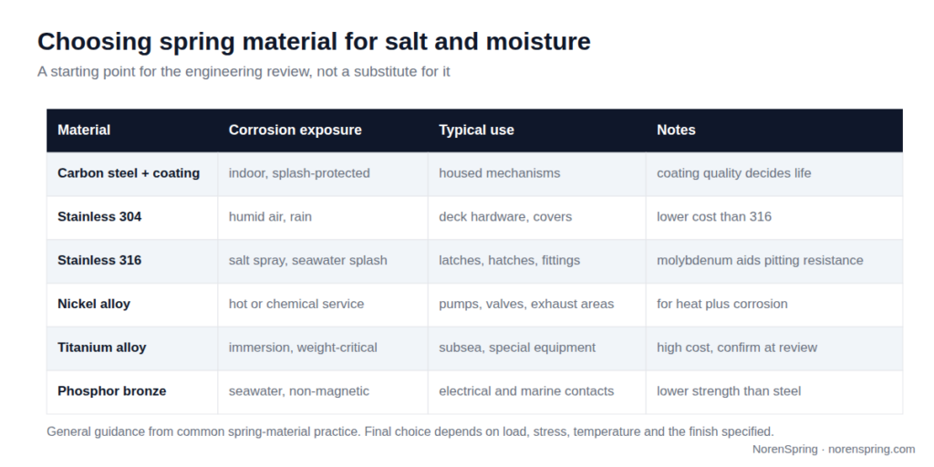 Table of six spring materials, from coated carbon steel to titanium alloy and phosphor bronze, with the corrosion exposure each suits, typical marine uses and notes.