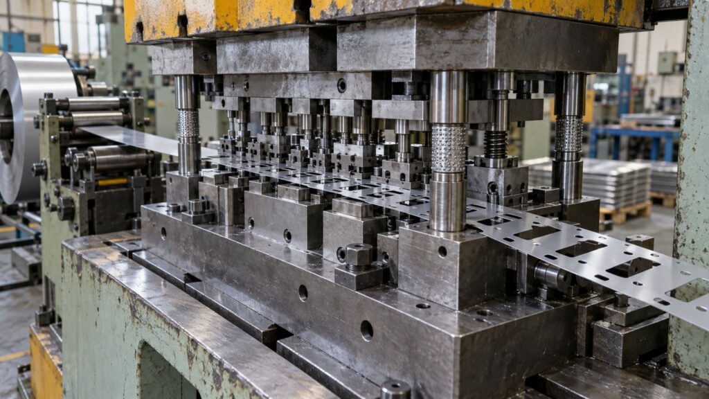 Illustration: a progressive stamping die in a press with a steel strip feeding through the tooling.