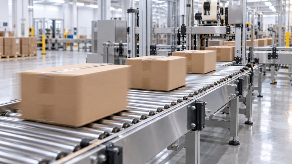 Illustration: cardboard boxes moving along a stainless steel roller conveyor in a packaging line.