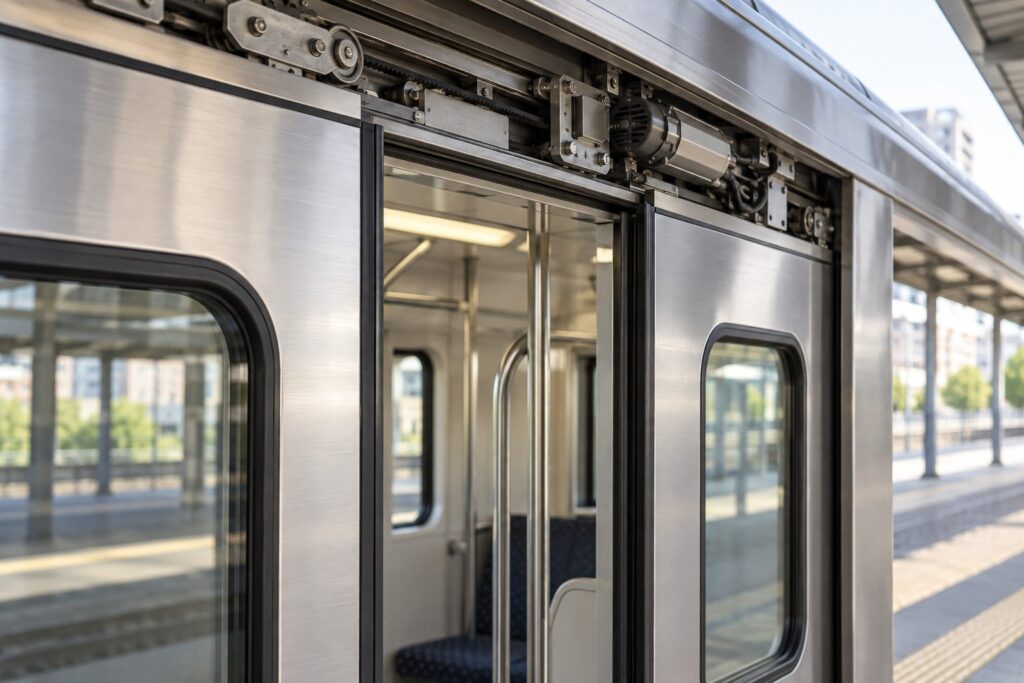Illustration: the door operator mechanism above the sliding doors of a passenger train at a platform.
