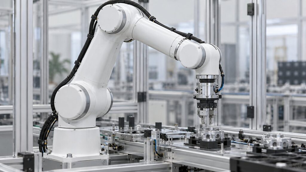 Illustration: a white collaborative robot arm working at an automated assembly cell.
