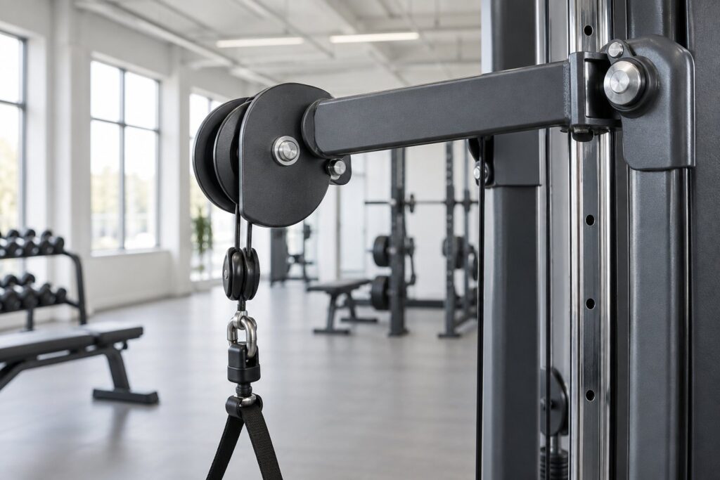 Illustration: the pivot arm and cable pulley of a strength training machine in an empty gym.
