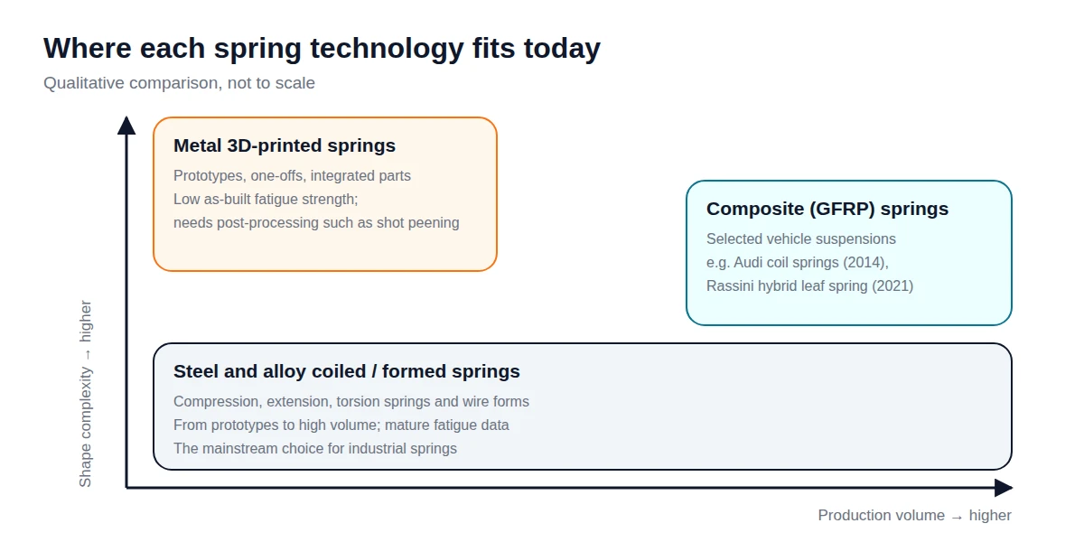 Diagram comparing where steel coil springs, composite springs and 3D-printed springs fit, by production volume and shape complexity