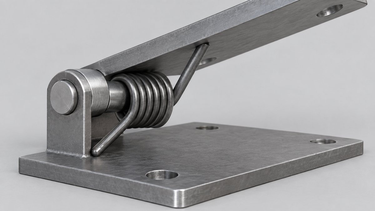 Illustration of a steel torsion spring on a pin inside a simple metal hinge, with one leg resting on the base plate and the other pushing up on the hinged plate