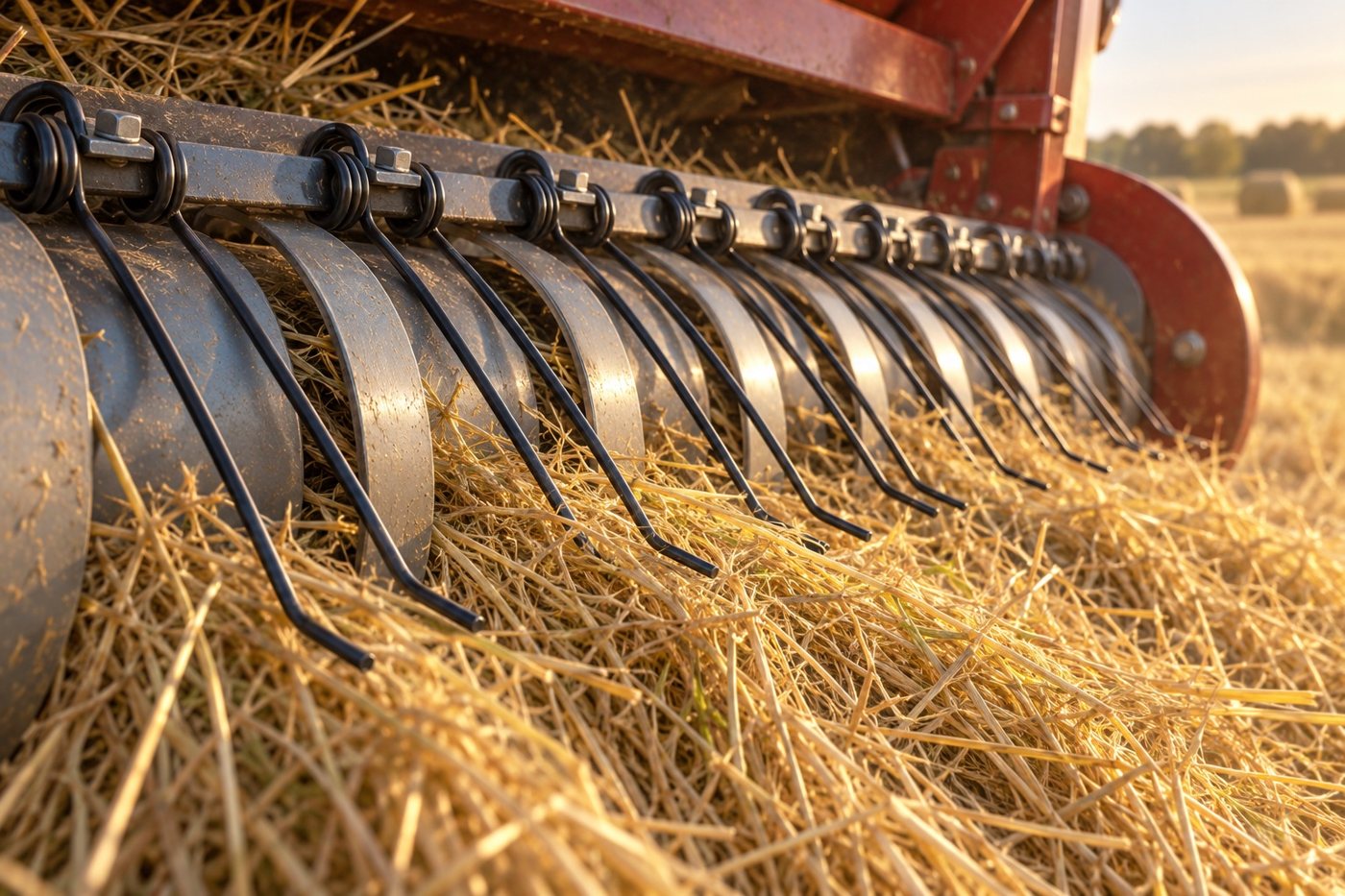 AI-generated illustration: black double torsion spring tines on a baler pickup lifting a windrow of dry hay