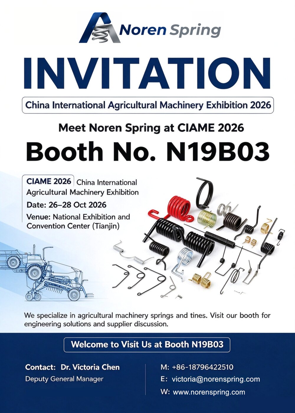 NorenSpring invitation to CIAME 2026, Booth N19B03, National Exhibition and Convention Center (Tianjin), 26–28 October 2026, contact Dr. Victoria Chen