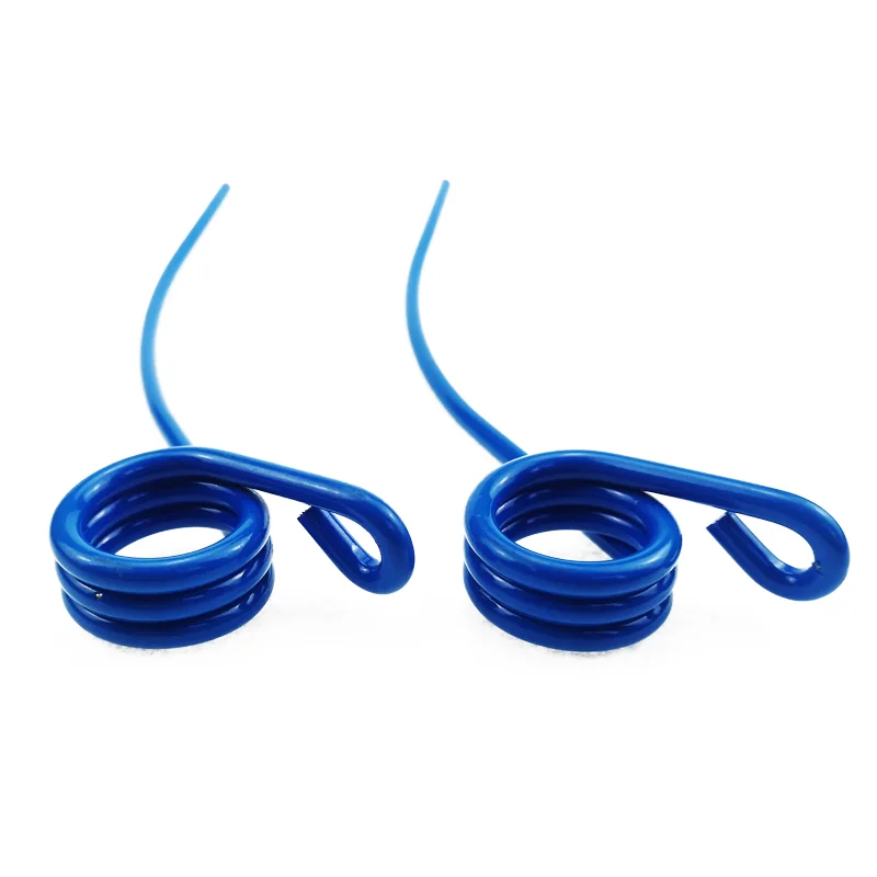 Two blue powder-coated single-coil spring tines, each with a curved tooth and a closed mounting eye